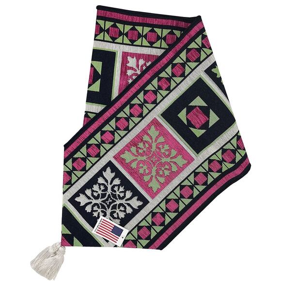 Mid Century Modern Clara Table Runner Block Bordered Tapestry Pink Green 72" NEW - Picture 2 of 2